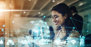 Woman working with modern technology at desk copy